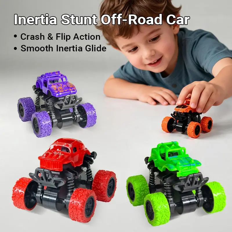 4Pcs Friction-Powered Monster Race Trucks, Shockproof ABS Plastic Toddler Toys 3+, 4 Spring Stability Push & Go Toys with Inflatable Rubber Wheels, 360° Rotating 2-Way Design, No Batteries Needed, Color Recognition Outdoor Gift