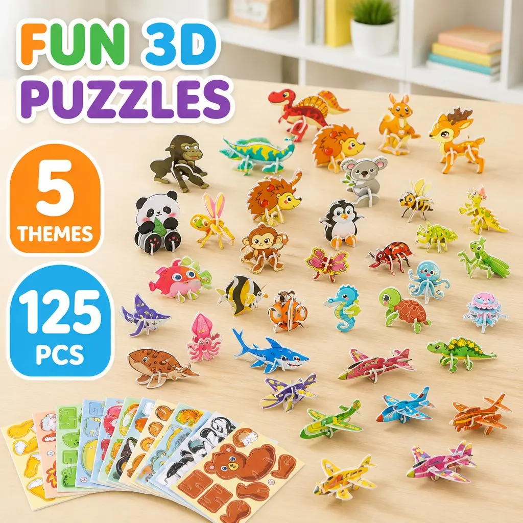 125-Piece Lightweight EVA Foam 3D Puzzle Set for Kids, Durable & Kid-Safe Puzzle Parts, Montessori STEM Learning Toy, DIY Educational Craft Kit, Fine Motor Skills Development, Comfortable to Handle, Ages 3-8 Birthday Gift (Dinosaurs, Animals, Ocean Life)