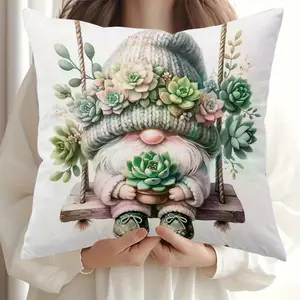 1pc Whimsical Gnome in Hat & Boots Pillow Cover - Vibrant Polyester, Machine Washable with Zipper, Hypoallergenic for Bedding, Sofa, or Chair Decor, Perfect Gift for Home Decoration (Front & Back Printed, No Insert), Gnome Decor