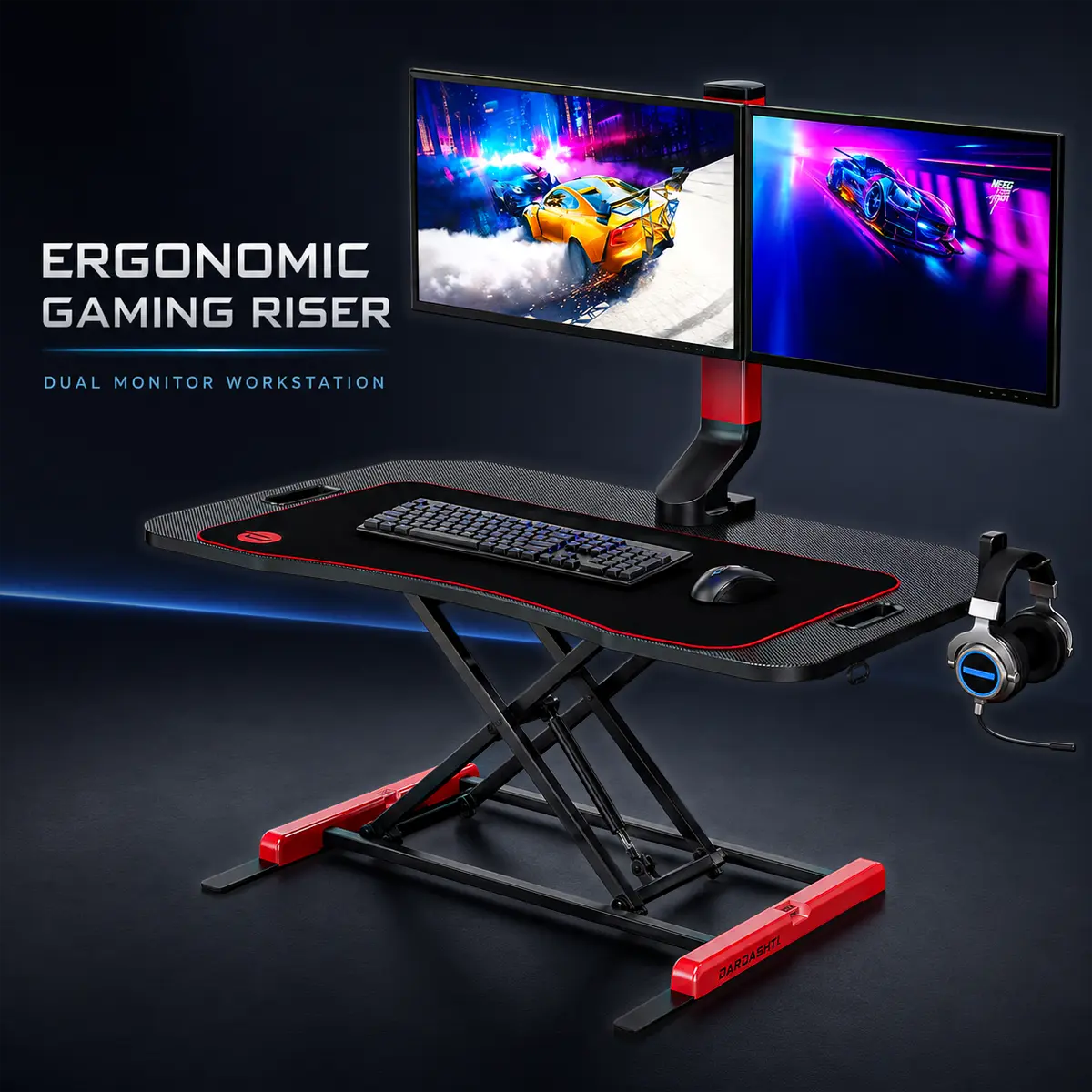 GTPLAYER Height Adjustable Gaming Desk, Electric Standing Desk with Dual Monitor Mount, Large Computer Desk for PC Gaming Setup, Ergonomic Sit Stand Desk, Gaming Table with USB Ports, Headphone Hook, Cable Management, Large Mouse Pad Surface