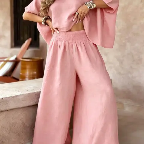 Women's Ultra-Loose Oversize Two-Piece Set Casual Chic Vacation Laid-Back-Style Top and Wide-Leg Pants, Comfortable and Stylish for Relaxing Days Matching Style Set