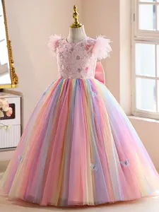 A high-end rainbow princess dress designed specifically for girls, available in 3 colors (pink, light pink, lavender). It features shiny beaded embroidery, feather sleeves and 3D butterfly decorations, suitable for little girls' daily wear, birthday parti