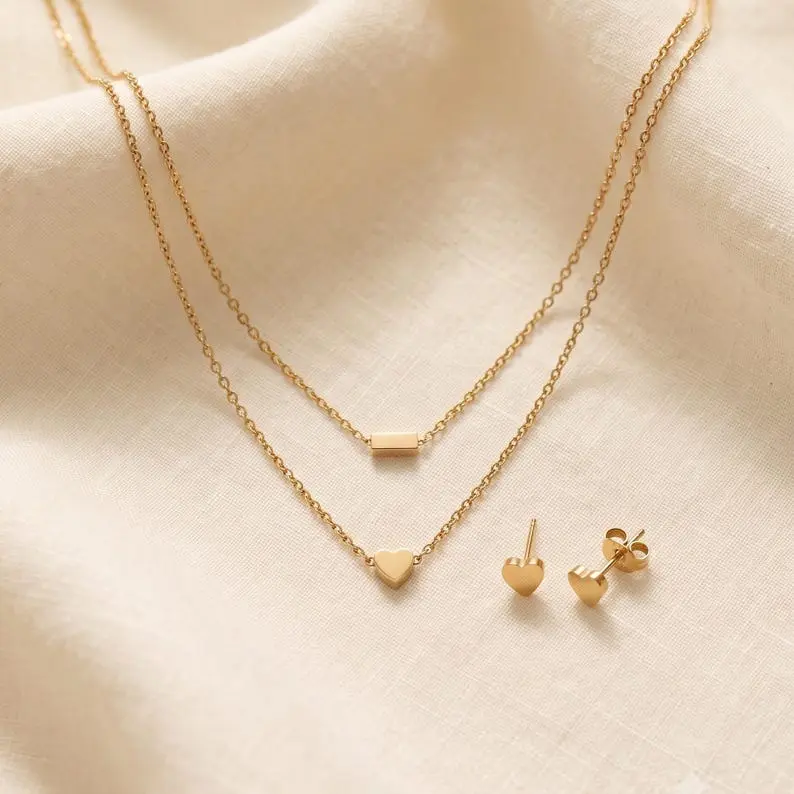 Unisex Minimalist Lightweight Layered Heart Gold Jewelry Set - Necklace and Earrings for Daily Wear, Gift-Ready, Nickel-Free