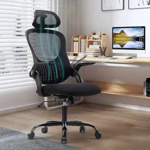 Sweetcrispy Ergonomic High-Back Mesh Desk Chair with Adjustable Headrest, Flip-Up Armrests - 3-Gear Reclining Back, Lumbar Support, Foam Comfort Seat, Height Adjustability, 250 lbs Capacity for Home & Office
