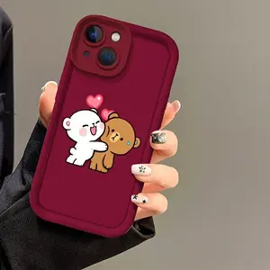 A Stylish And Cute Protective Phone Case Featuring a Wine-Red Background with Adorable Bear Illustrations, Compatible with Iphone 17 16, 15, 14, 13, 12, 11 Pro Max, XS, And XR.