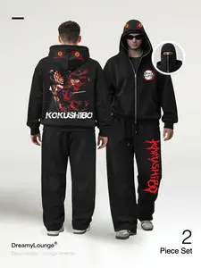 Demon Slayer 「2-Piece Set」 Death Print Hoodie, Aesthetic Loose-Fit Casual Wear, Home Clothing, Daily Use, Graphic Pattern, Fitted Design, Loose Pant Sets
