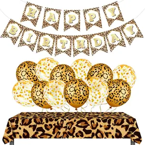 15 Pcs Cheetah Happy Birthday Decorations, Leopard Print Banner, Balloons, Tablecloth