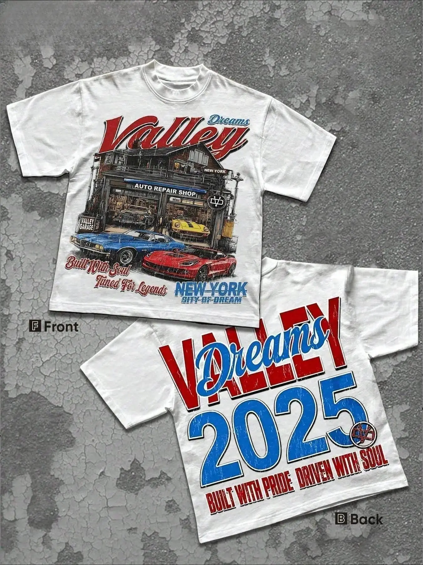 Valley Dreams Vintage Auto Shop Race Car Double Sided Graphic Crew Neck Tee, American Retro Loose Fit Short Sleeve Top, Classic Car Streetwear Casual Mens Daily Outfits