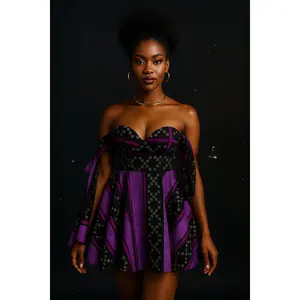 Purple Royalty - Bold Purple and Black Strapless Dress with Geometric Patterns & Bow Sleeve Details for Stylish Wear