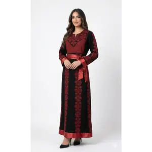 Black Embroidered Thobe Dress – Floral Motif Detail with Red Satin Belt