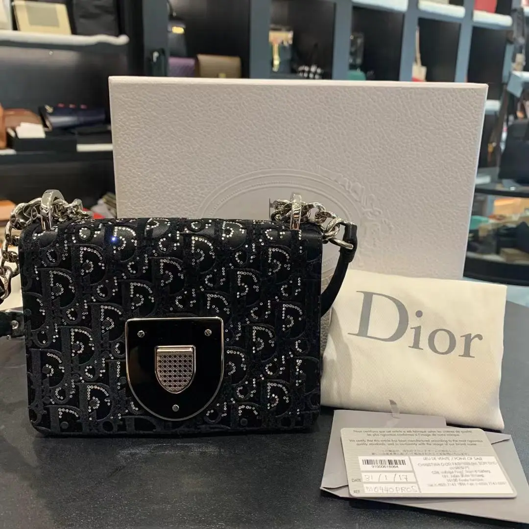 Pre-owned Dior Diorama Club Small Flap Bag in Black Crystal Embroidered Oblique Velvet, Ruthenium Tone Hardware (2016) XH146