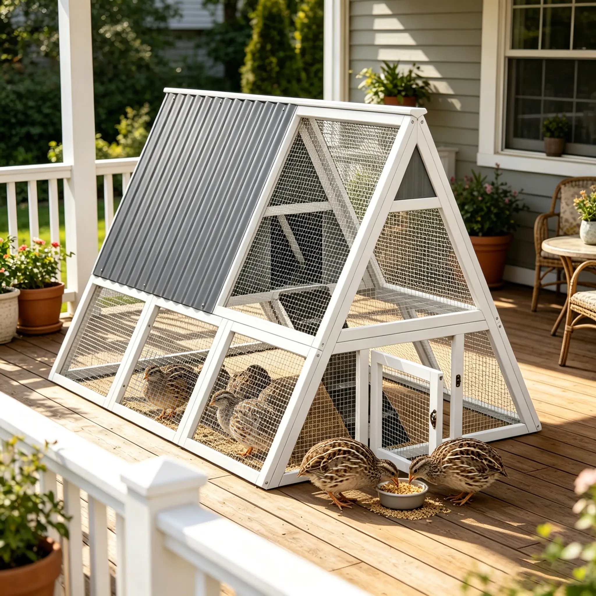 Backyard Weatherproof A-Frame Quail Cage with Galvanized Wire Mesh for 8 Quails, White