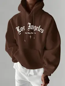 Men's Fashion Los Angeles Print Essential Hoodie Sweatshirt, Kangaroo Pocket, Geometric Pattern, Casual Fitted Hooded Design, Fall & Winter