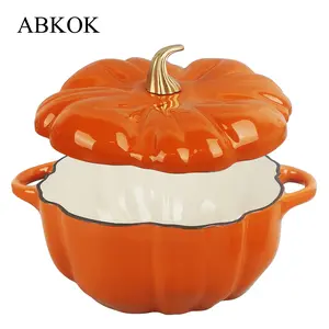 ABKOK Cast Iron Enamel Pumpkin Dutch Oven for Frying Stewing Sautéing Boiling Baking on Any Stove Top