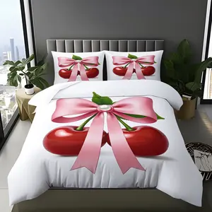 Girly Cherry Bow Comforter Set, 1 Duvet Cover + 1/2 Pillowcases, Sweet Cherry Ribbon Print, Soft Bed Linen, Summer Bedroom Decor for Girls