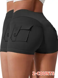 Women's Solid Button Pocket Sports Shorts, High Waist Comfy Breathable Ruched Skinny Sports Shorts for Yoga Gym Workout Running, Ladies Sportswear for Fall & Winter, Breathable Fitness Shorts