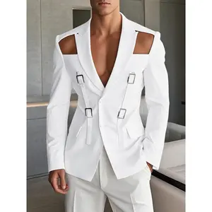 Men's Solid Hollow Out Long-Sleeve Blazers, Casual Lapel V-Neck Pocket Belt Design Suit Coat for Spring & Fall, Jacket for Men, Party Outfits, Streetwear Men's Clothing for Daily Wear