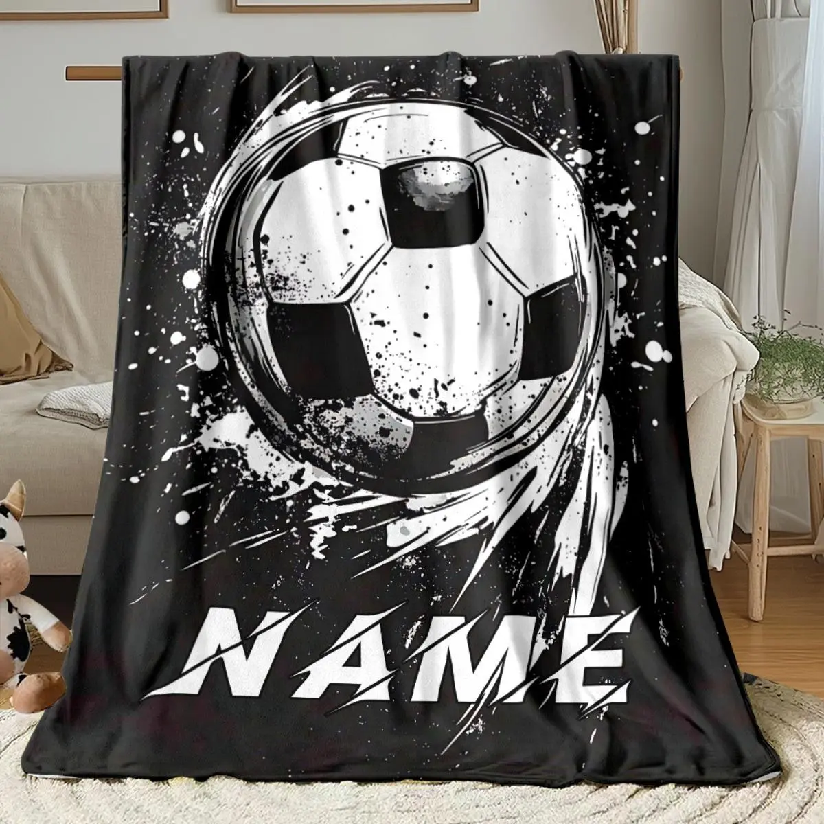 Customized Football Print Blanket - Personalized Name/Text, Black & White Soccer Ball Design, Soft Flannel Fabric, Lightweight All-Season Bedding for Studying, Home - Gift for Football Fans, Ideal for Television & Video Game Use, Video Games