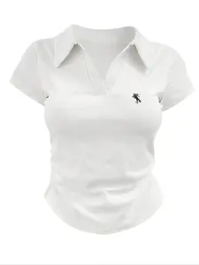Women's Casual Comfortable Knitted Ribbed Polo Neck Slim Fit Waist Cinched Short Sleeve Top, Casual Polo Shirt, Stylish and Comfy Summer Wear, Womenswear