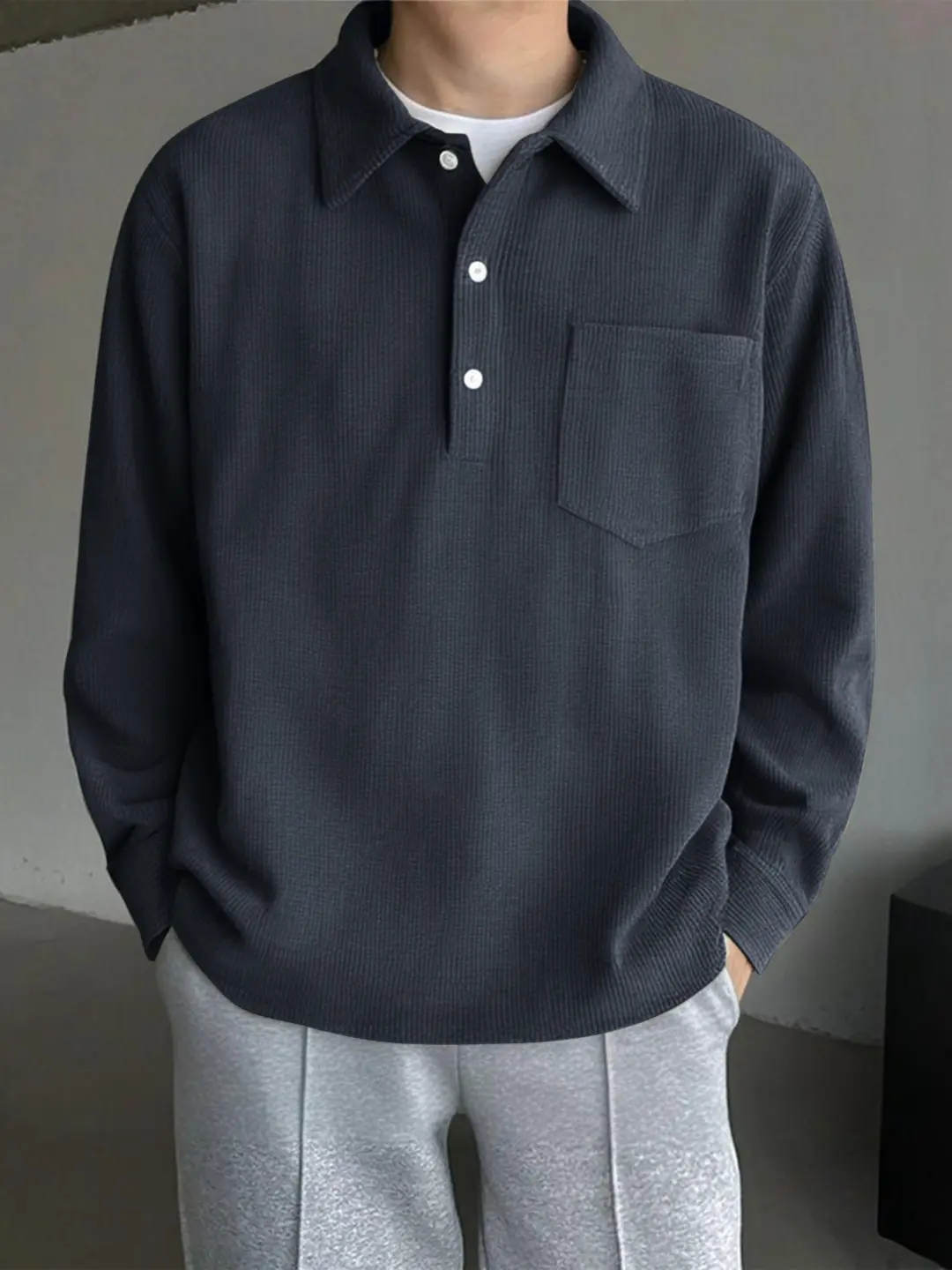 Men's Dark Gray Corduroy Shirt Jacket - Loose Japanese Retro Polo Collar, Buttoned Long Sleeve Casual Top for Spring & Autumn, Collared Men's Casual Long Sleeve Shirt, Buttoned Long Sleeve Men's Casual Shirts