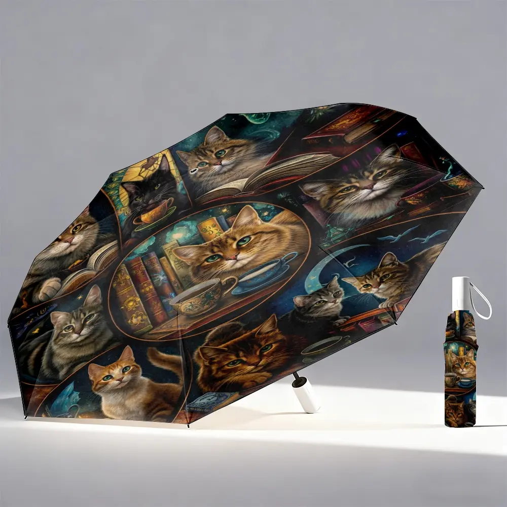 Automatic Open-Close Umbrella – Cute Cat Drinking Tea Design, Foldable Umbrella Featuring Cats, Books, Cups, and Stars – Portable Travel Umbrella for Women and Girls – Creative Gift Idea for Christmas, Halloween, and
