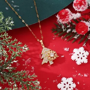 Gold Christmas Tree Necklace with Spinning Snowflake, Holiday Crystal Pendant, Stress-Relief Fidget Necklace
