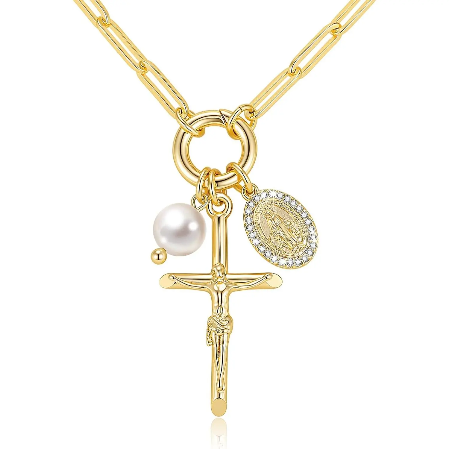 XP Gold Cross Necklace for Women - 14k Gold Plated Virgin Mary Pendant Necklaces,Hypoallergenic Non Tarnish Golden Cubic Zirconia Catholic Virgen de Guadalupe Jewelry,Religious Faith romantic gifts for her perfect