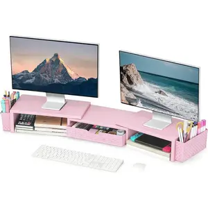 Metal Desk Organizers and Accessories, Dual Monitor Stand Riser with Drawer and 2 Pen Holders, Desk Accessories & Workspace Desktop Organizers for Office Supplies (Pink)