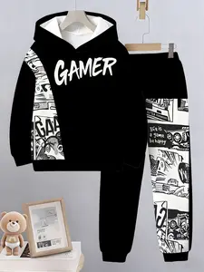 Boys Fashion 3D Print Casual Hoodie Set, Spring Fall Long Sleeve Sports Sweatshirt, Outdoor Fitted Geometric Pattern Pullover, Hoodies, Youth Kits