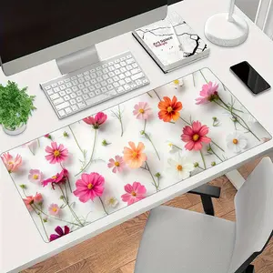 High Quality Floral Extended Desk Mat With Stitched Edges - Rubber Mouse Pad, Non-Slip Rectangular Design For Office, School, And Home