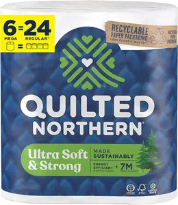 Quilted Northern Ultra Soft & Strong Toilet Paper 6 Mega Rolls x 24 Regular Rolls 5X Stronger Premium Soft Toilet Tissue with Recyclable Paper Packaging - Kitchen, Wipes