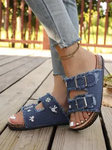 French-style vintage double-buckle strap thick-soled women's sandals, rhinestone decoration + double-buckle strap design, denim-style versatile one-piece sandals, soft-soled comfortable daily wear sandals for outdoor wear, Footwear