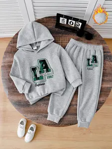 Boys' Thick Fleece Hoodie & Jogger Set, Vintage La Print, Fall Winter Casual Warm, Kids Clothing Gift Idea