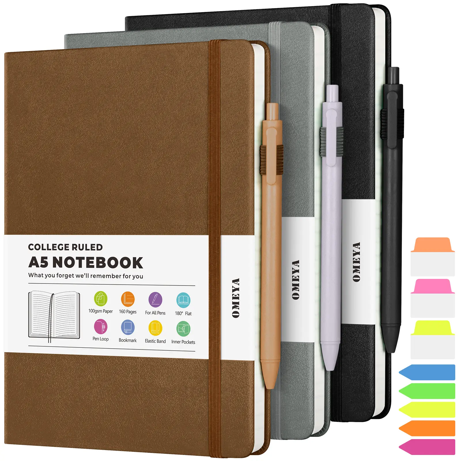 OMEYA 3-Pack A5 College Ruled Lined Journal Notebook, Minimalist Hardcover PU Leather Notebook with Elastic Closure, Pens & Pockets, 100GSM Thick No-Bleed Paper for Office School Work Gift