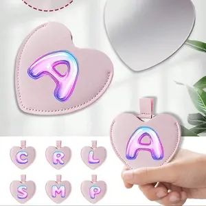 Heart-Shaped Stainless Steel Mini Handheld Mirror, PU Leather Case, A-Z Letter Design, Portable Makeup Mirror, Travel Essential