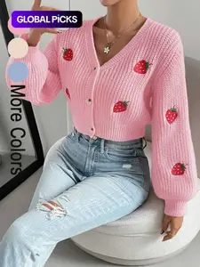 Women's Strawberry Embroidery Button Front Crop Cardigan, Casual Fit V Neck Lantern Sleeve Knitwear for Spring & Fall, Fashion Women's Knit Clothing for Everyday Wear