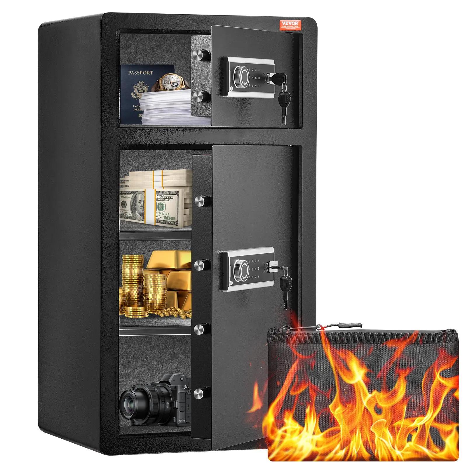 【summerfinds】VEVOR Double Doors 7.2 cu.ft Safe Box with Key Lock & Password, Safe Lock Box with Fireproof Bag, Key Rack, LED Light and 2 Height Adjustable and Removable Divider for Money, Documents, Jewelry and Valuables, Black, Anti Theft Safes, Digit