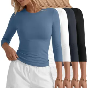 4 Pack Women's Workout Shirts 3/4 Sleeve Slim Fit Compression Tops Athletic Crewneck Gym Running Yoga Basic