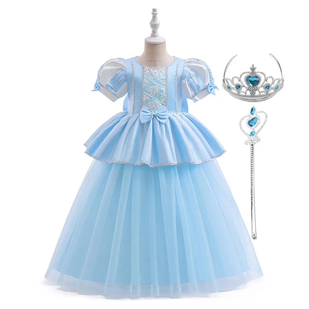4-8Y Ice Blue Tulle Dress 096 with Crown Magic Wand Bow Sequins Kids Clothes Role-playing Cartoon Cosplay Costume Fancy Carnival Stage Performance Princess Theme Holiday Party Frock Girls Long Ball Gown Children Dresses for All Season