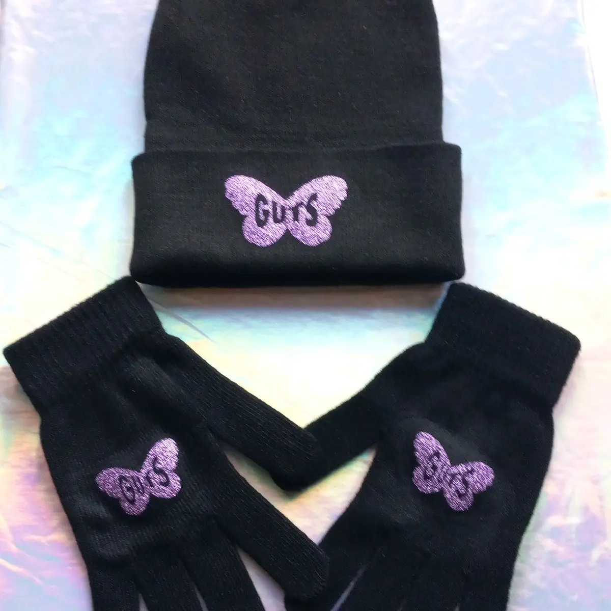 Winter Beanie and Gloves Set with Purple Butterfly