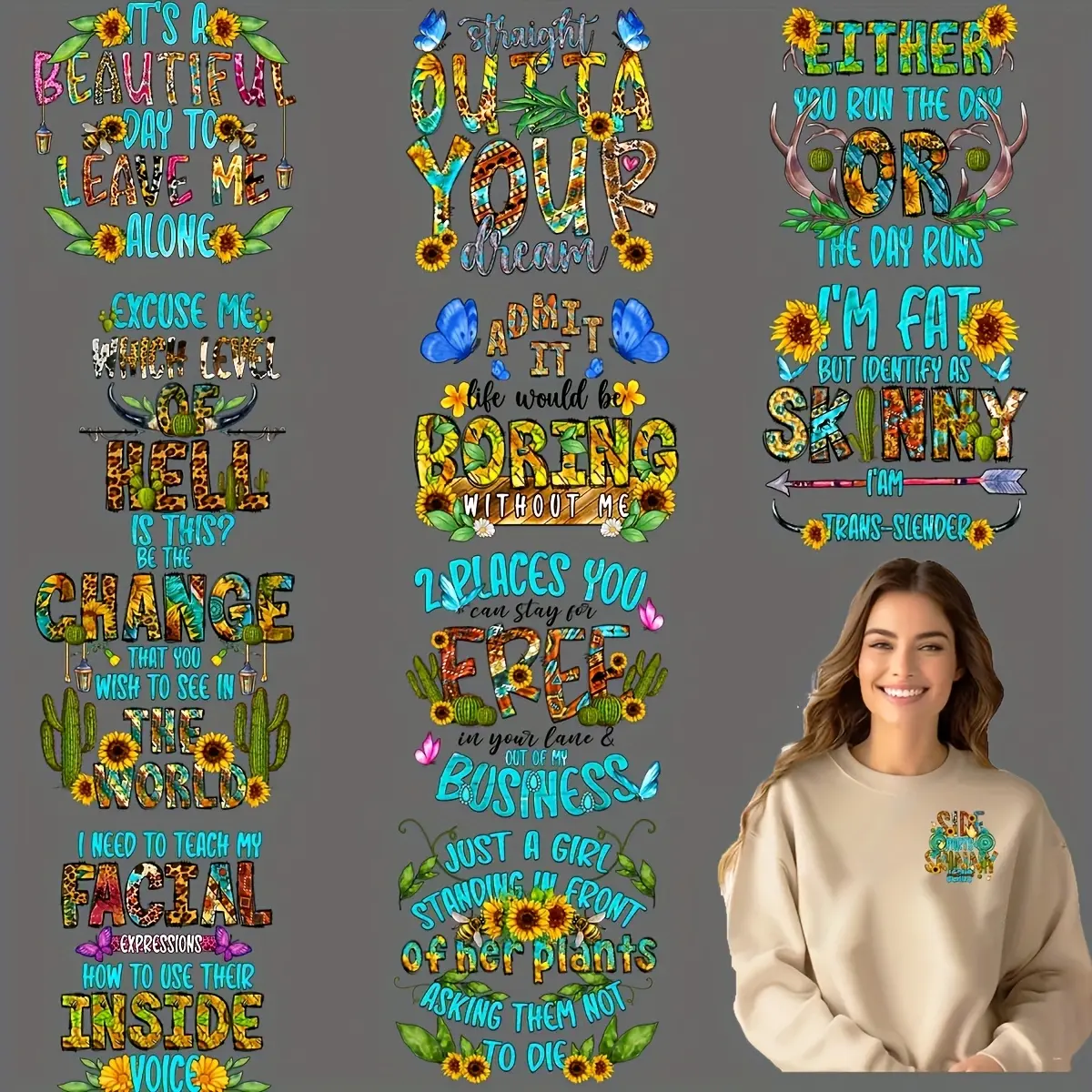 12pcs/set Sarcastic Sublimation DIY Iron-On Transfers - Washable Heat Transfer Stickers for T-Shirts, Masks, Jeans & Backpacks - Vibrant Floral Designs with Inspirational Quotes - Durable Vinyl Material - DIY Flower Decor Crafts DIY Products