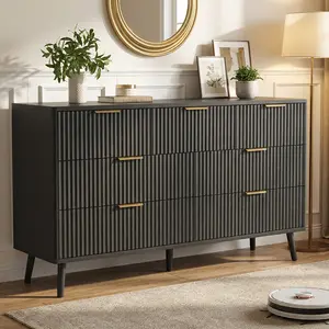 Black 7-drawer wooden storage chest with simple metal handles, large capacity storage cabinet, living room dining cabinet, corridor bedroom, multi-functional storage cabinet