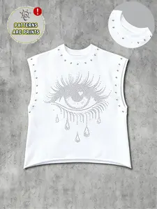 Men's Sleeveless Vest with Tear Eye Print and Studs, Loose Fit Casual Streetwear, Gym and Daily Wear, All Seasons, Workout Tank Top, Knit Tank Tops
