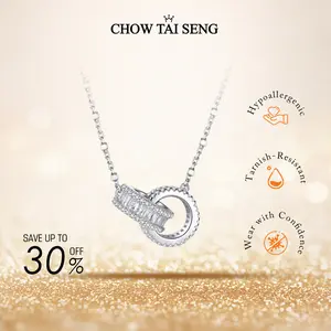 【ChowTaiSeng Jewelry】Silver Zircon Interlocking Shining Chain Necklace