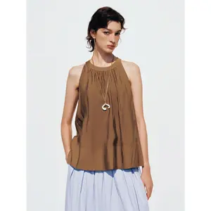 URBAN REVIVO 2026 Spring New Lady's Elegant Ruffled Overlay Halter Neck Sleeveless Basic Casual Shirt Top - Viscose Blend Polyester-Shell Overhead Fabric Clothes