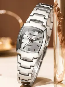 Luxurious Silver Color Quartz Watch for Women, Stainless Steel Strap, Dial with Diamond Markers, Waterproof Casual Gift