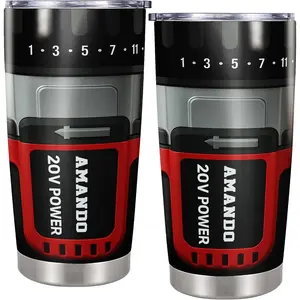 Custom Name Power Tool Battery Tumbler, 20oz Personalized Stainless Steel Tumbler, Power Tool Battery Graphic Print, Custom Name Travel Mug for Handyman Dad,Mechanic & Builder Gift, Red and Black Drill Style Travel Cup with Lid