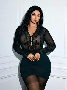 Plus Size Lace Transparent Bodysuit, Deep V Ruffle Design, Floral Velour Print, Sexy Tight Fit, Pair with Bodycon Skirt, Womenswear