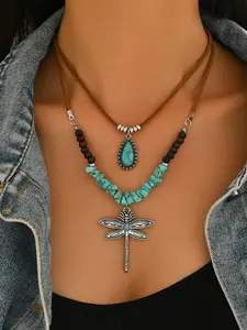 Vintage Ethnic Style Turquoise Necklace, Korean Velvet Layered Dragonfly Alloy Hollow Out Pendant Jewelry, Women's Fashion Accessory