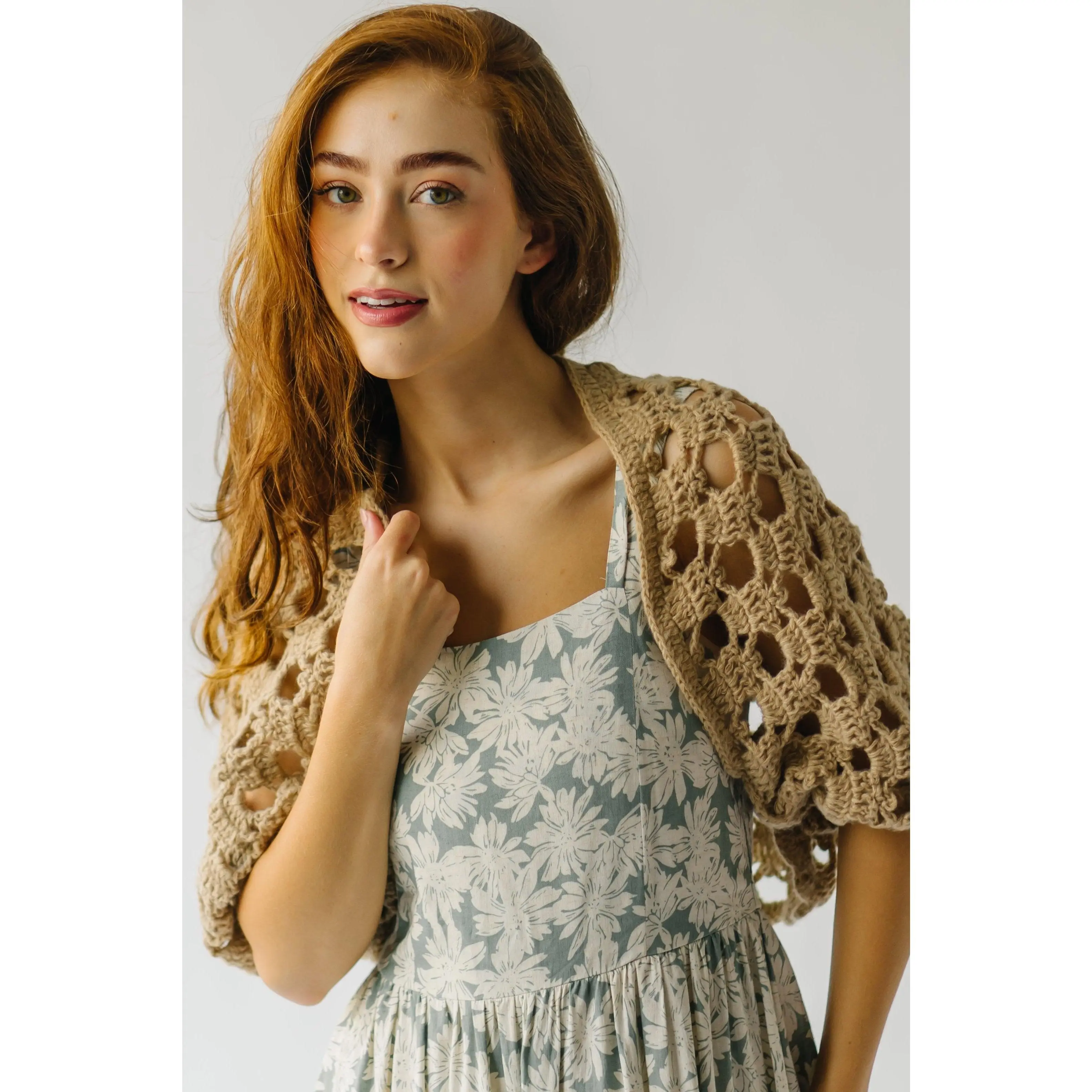 The Borlik Open Crochet Cropped Cardigan in Stone